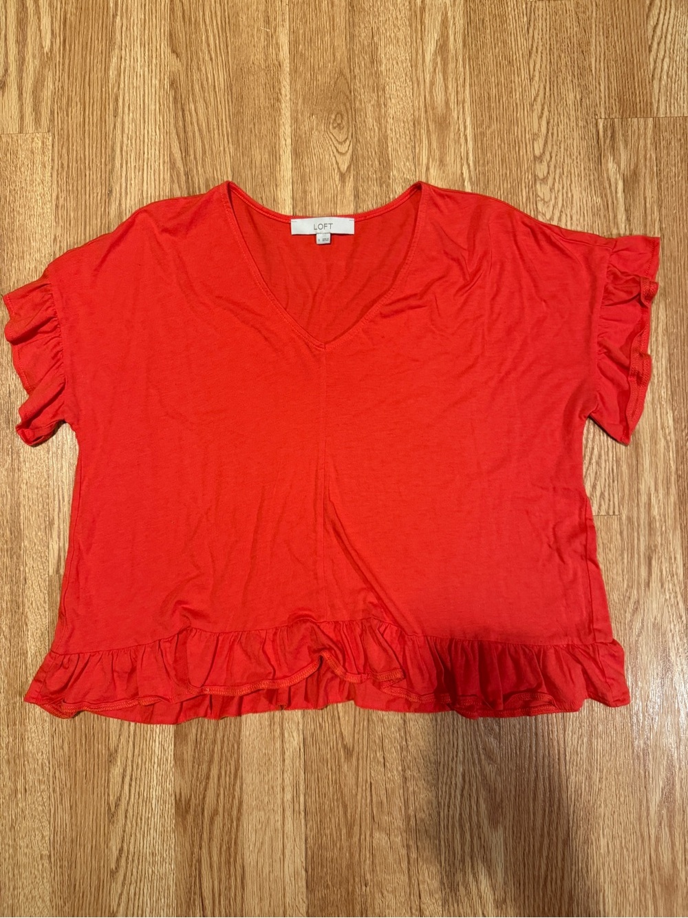 LOFT Bright Red V-Neck Ruffle Sleeve & Hem Top